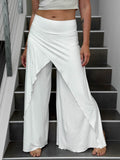 caraucci high waisted white wide leg high side slit pants #color_off-white