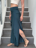 caraucci high waisted teal blue wide-leg high side slit pants #color_teal