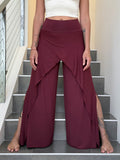 caraucci high waisted maroon wide leg high side slit pants #color_wine