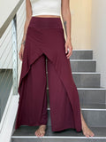 caraucci high waisted maroon wide leg high side slit pants #color_wine