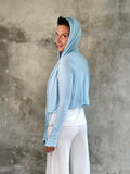 women's plant-based rayon jersey versatile light blue long sleeve convertible wrap jacket with thumbholes that can be worn 2 ways #color_canal-blue