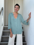 caraucci women's lightweight rayon jersey v-neck loose fit 3/4 sleeve sage green kurta tunic #color_moss