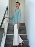 caraucci women's lightweight rayon jersey v-neck loose fit 3/4 sleeve sage green kurta tunic #color_moss