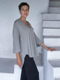 caraucci women's lightweight rayon jersey v-neck loose fit 3/4 sleeve light grey kurta tunic #color_stone