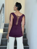 women's plant-based stretchy rayon jersey drape front tunic with adjustable side ruching and lace up back #color_jam