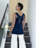 women's plant-based stretchy rayon jersey navy blue drape front tunic with adjustable side ruching and lace up back #color_navy