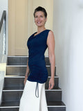 women's plant-based stretchy rayon jersey navy blue drape front tunic with adjustable side ruching and lace up back #color_navy