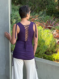 women's purple drape front tunic with adjustable side ruching and lace up back #color_plum