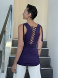 women's purple drape front tunic with adjustable side ruching and lace up back #color_plum