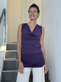 women's purple drape front tunic with adjustable side ruching and lace up back #color_plum