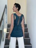 women's plant-based stretchy rayon jersey teal blue drape front tunic with adjustable side ruching and lace up back #color_teal