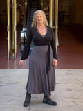 women's plant based rayon jersey stretchy steel grey v-neck midi dress with raised detailed stitching #color_steel