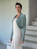 women's plant based rayon jersey loose fit sage green dolman sleeve shrug with thumbholes #color_moss