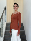 women's plant based stretchy rayon jersey long sleeve peekaboo shoulder burnt orange top with thumbholes #color_copper
