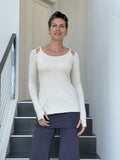 women's plant based stretchy rayon jersey cream peekaboo long sleeve top with thumbholes #color_cream