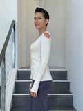 women's plant based stretchy rayon jersey long sleeve peekaboo shoulder cream top with thumbholes #color_cream