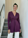 caraucci long sleeve purple tunic in midweight rayon jersey with twisted front detail #color_jam