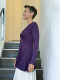 caraucci long sleeve purple tunic in midweight rayon jersey with twisted front detail #color_plum