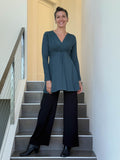 caraucci long sleeve teal blue tunic in midweight rayon jersey with twisted front detail #color_teal