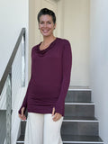 women's jersey draped neck long sleeve purple top with thumbholes #color_jam