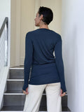 women's jersey draped neck long sleeve navy blue top with thumbholes #color_navy