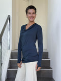 women's jersey draped neck long sleeve navy blue top with thumbholes #color_navy