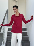 women's jersey draped neck long sleeve red top with thumbholes #color_scarlet
