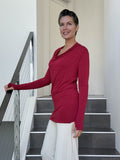 women's jersey draped neck long sleeve red top with thumbholes #color_scarlet