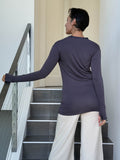 women's jersey draped neck long sleeve gray top with thumbholes #color_steel