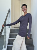 women's jersey draped neck long sleeve gray top with thumbholes #color_steel