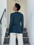 women's jersey draped neck long sleeve teal blue top with thumbholes #color_teal