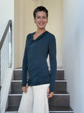 women's jersey draped neck long sleeve teal blue top with thumbholes #color_teal