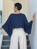 carauccI women's jersey navy blue loose fit wide neck top  #color_navy