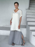 women's stone grey slit flow pants loose cream v-neck tunic #color_stone