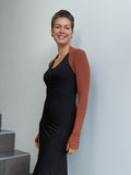 women's plant based rayon jersey stretchy orange sleeve shrug with thumbholes #color_copper