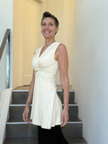 caraucci v neck sleeveless cream tunic with gathered bodice and flowing silhouette #color_cream