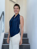 caraucci women's plant based rayon jersey navy blue textured poncho can be worn multiple ways; dress, skirt, halter top #color_navy