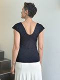 caraucci fitted cap sleeve black top with geometric stitched texture details #color_black
