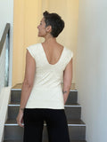 caraucci fitted cap sleeve cream top with geometric stitched texture details #color_cream