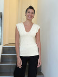 caraucci fitted cap sleeve cream top with geometric stitched texture details #color_cream