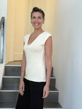 caraucci fitted cap sleeve cream top with geometric stitched texture details #color_cream