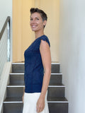 caraucci fitted cap sleeve navy blue top with geometric stitched texture details #color_navy