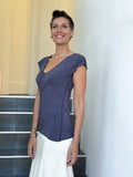 caraucci fitted cap sleeve steel grey top with geometric stitched texture details #color_steel