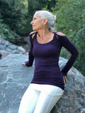 women's plant based stretchy rayon jersey purple peekaboo long sleeve top with thumbholes #color_plum