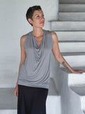 caraucci women's plant-based lightweight rayon jersey light gray sleeveless tunic with drape front #color_stone
