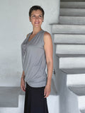 caraucci women's plant-based lightweight rayon jersey light gray sleeveless tunic with drape front #color_stone