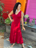 women's plant based rayon jersey stretchy red v-neck midi dress with raised detailed stitching #color_red