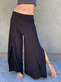 women's natural stretch rayon jersey wide leg side slit elastic waistband pants #color_black