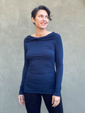 women's plant based rayon jersey long sleeve navy blue top with slight cowl neck and side ruching #color_navy