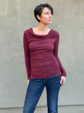 women's plant based rayon jersey long sleeve maroon top with slight cowl neck and side ruching #color_wine